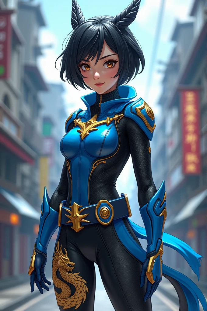 A 15 year old japanese girl, asian brown eyes, very short but thick hair that is black, who has a dragon themed mask and hero costume. It is mainly blue, with some black dragon scale patterns, but a golden dragon across her left leg. Her powers are Fire, Water, Earth, Wind and Space.