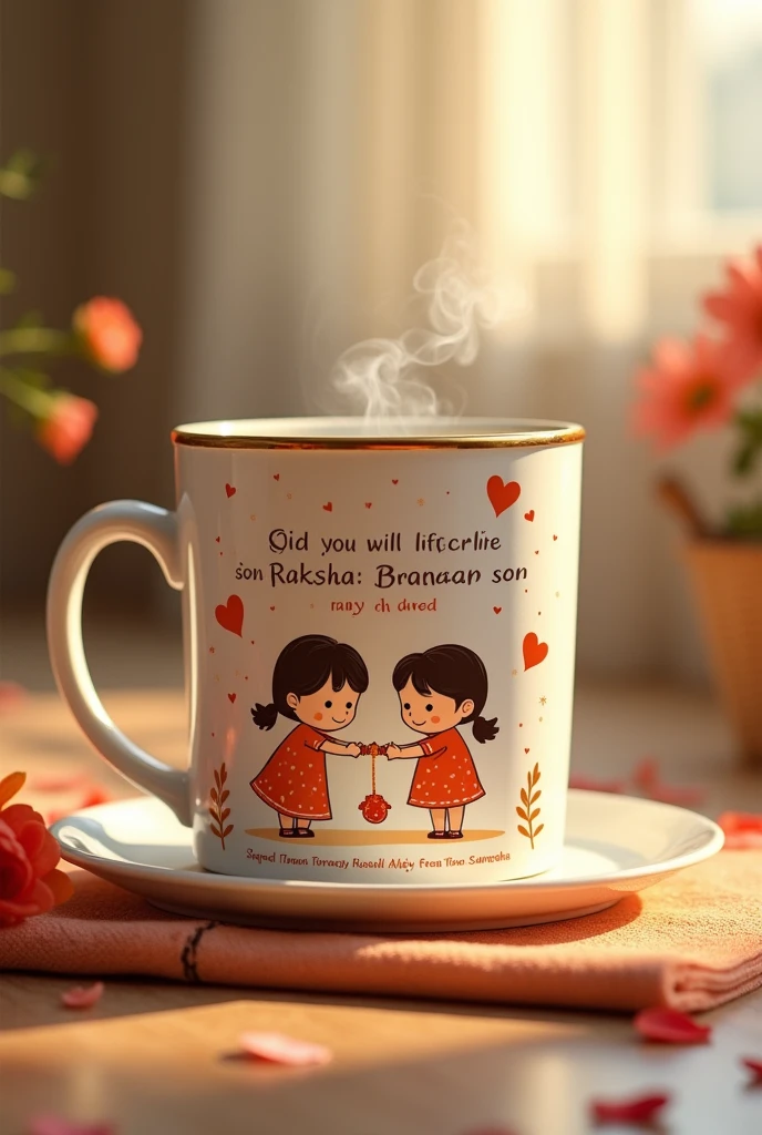 Design a Raksha Bandhan-themed cup for a brother and sister. The cup should feature a warm and affectionate message that celebrates their bond. On the front side, include the text: *"To the best sister in the world,"* followed by *"Happy Raksha Bandhan!"* in a stylish, heartfelt font.
On the back side, include a message that reads: *"Our bond is unbreakable. Thank you for always being my first friend, my secret keeper, and my biggest supporter. I love you, sis!"
The design should also include a cute and playful illustration of a brother and sister, where the sister is tying a Rakhi on the brother's wrist. Use soft, warm colors to evoke a feeling of love and togetherness.