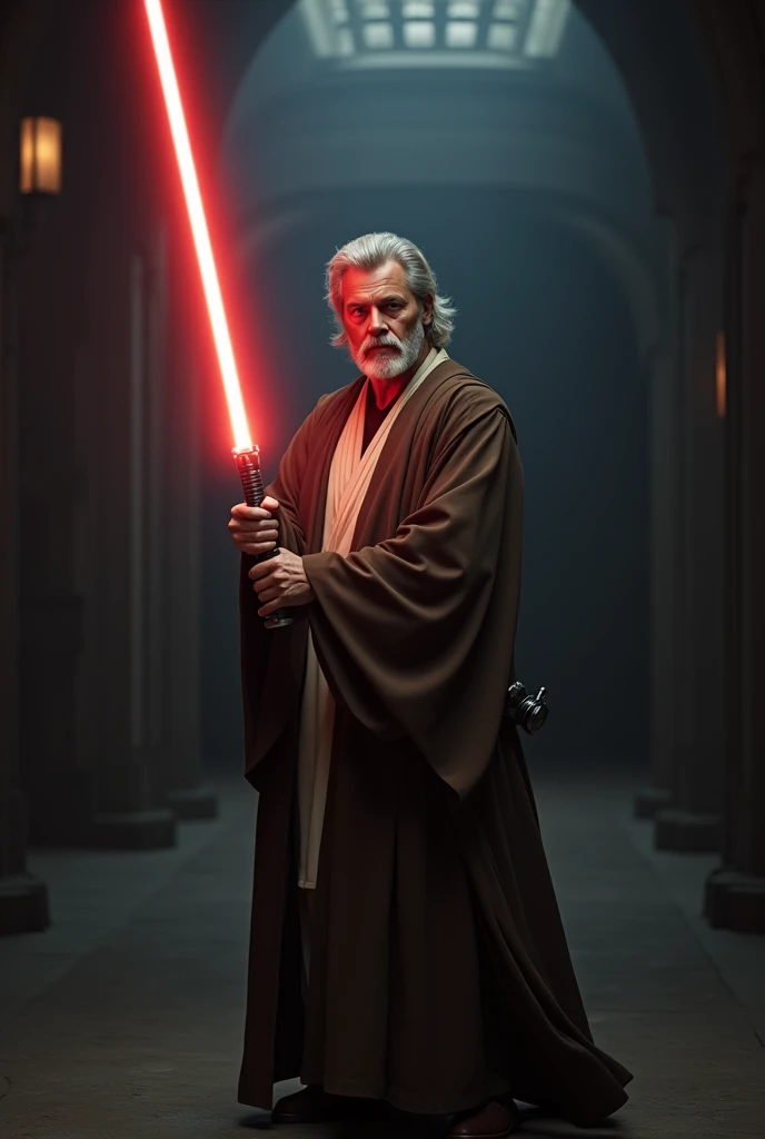 arafed man in a robe holding a light saber in a dark room, holding lightsaber 4 k, obi wan kenobi, obi-wan kenobi, with cinematic lighting, luke skywalker, travis fimmel as a jedi master, jedi with light saber, rey, cinematic full shot, 8k portrait render, wearing brown jedi robes, jedi master