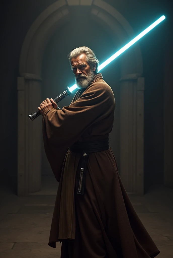 arafed man in a robe holding a light saber in a dark room, holding lightsaber 4 k, obi wan kenobi, obi-wan kenobi, with cinematic lighting, luke skywalker, travis fimmel as a jedi master, jedi with light saber, rey, cinematic full shot, 8k portrait render, wearing brown jedi robes, jedi master