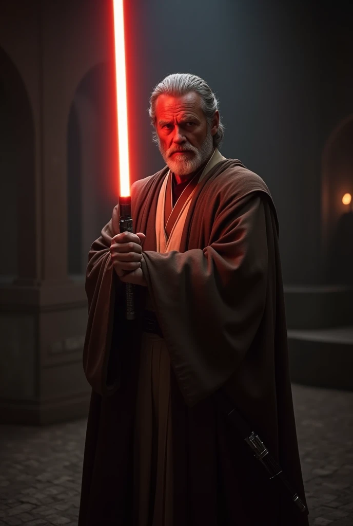 arafed man in a robe holding a light saber in a dark room, holding lightsaber 4 k, obi wan kenobi, obi-wan kenobi, with cinematic lighting, luke skywalker, travis fimmel as a jedi master, jedi with light saber, rey, cinematic full shot, 8k portrait render, wearing brown jedi robes, jedi master