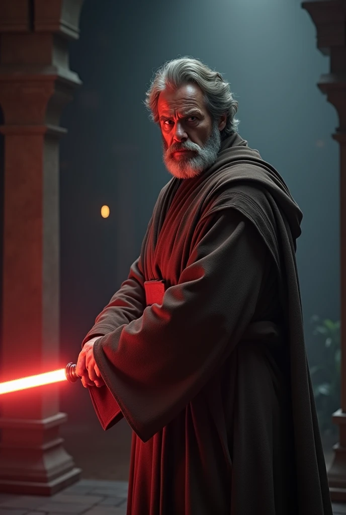 arafed man in a robe holding a light saber in a dark room, a character portrait by Alexander Brook, shutterstock, hyperrealism, holding lightsaber 4 k, obi wan kenobi, obi-wan kenobi, with cinematic lighting, luke skywalker, travis fimmel as a jedi master, jedi with light saber, rey, cinematic full shot
