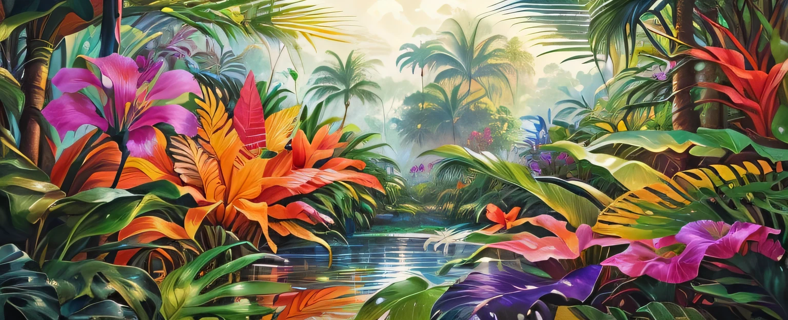 painting of a tropical scene with flowers and trees, mysterious jungle painting, colourful jungle, tropical paradise, lush oasis, tropical landscape, tropical jungle, large jungle flowers, tropical atmosphere, tropical setting, jungle scene, colorful tropical plants, lush jungle, tropical flowers, fantasy jungle, tropical forest, in a tropical forest, lush vista, jungle landscape, tropical pool, jungle setting