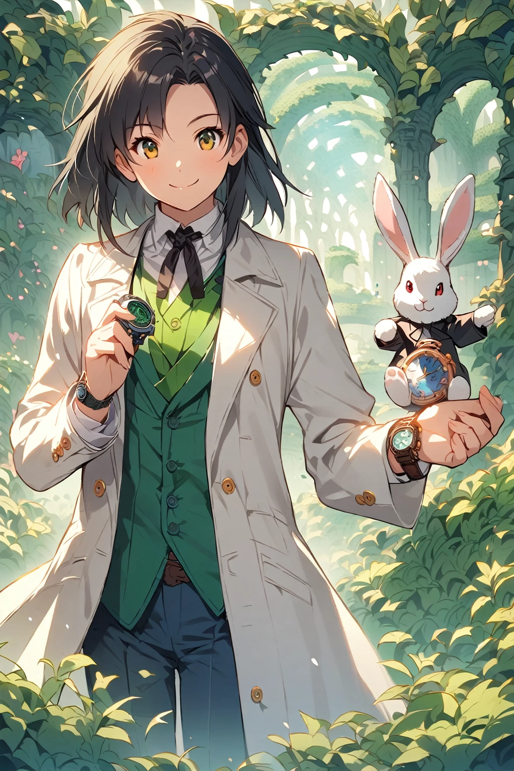 (One Woman,15 years old,((smile)),Black Hair,dress)(A bipedal rabbit wearing a morning coat and holding a watch),((,(Fantasy,Green hedge maze))