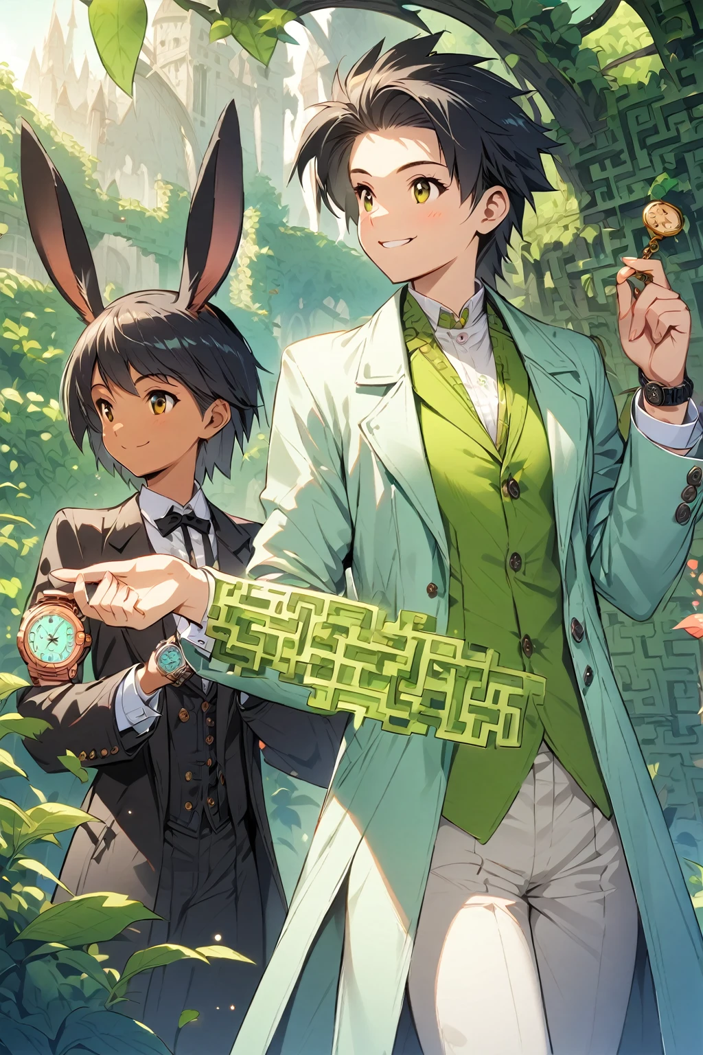 (One Woman,,((smile)),Black Hair,dress)(A bipedal rabbit wearing a morning coat and holding a watch),((,(Fantasy,Green hedge maze))