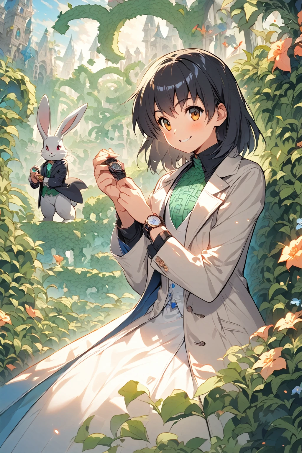 (One Woman,15 years old,((smile)),Black Hair,dress)(A bipedal rabbit wearing a morning coat and holding a watch),((,(Fantasy,Green hedge maze))