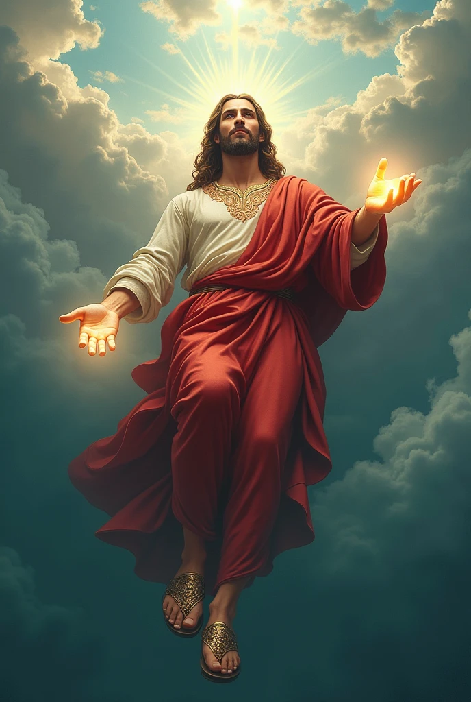 Jesus floating in water with glowing hand with eyes glowing with light with clouds with red clothes and gold details with leather sandals with gold details.