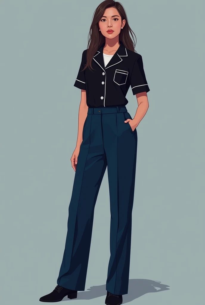 Create a teacher's uniform design, in the shade of blue and black. Make it pants and not skirt, short sleeve, not too sexy and not too conservative, make it formal yet sophisticated