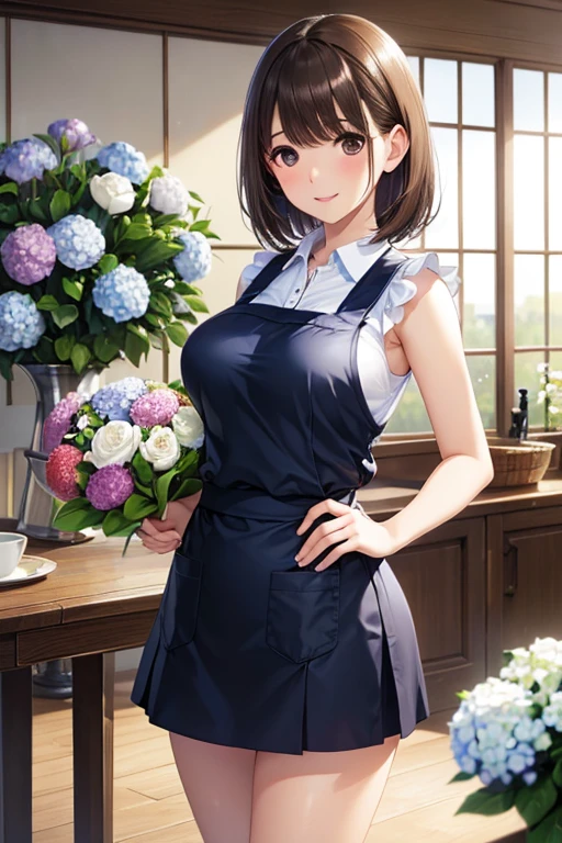 anegasaki nene、Shiny brown hair, short hair, (Beautiful brown eyes、Sparkling eyes, Fine grain)、smile、Super detailedな目、Very detailed顔, Very detailed目,
(masterpiece))), (((Highest quality))), ((Very detailed)), (masterpiece:1.3, Highest quality, Ultra-high resolution, Super detailed), (Realistic, photoRealistic:1.2), Beautiful illustrations, Perfect lighting, Natural light, colorful, Depth of written boundary, ,
(short hair:1.6, Straight hair, ), Parted bangs, Long eyelashes, Faint lips, (Large Breasts, Captivating thighs), , outAre standing style,
(Detailed cloth texture, break, Navy blue and white sleeveless collared polo shirt, Dark maroon tight skirt, Black Apron), break,
(Beautiful views), (Florist, Florist, Rose, Hydrangea, Tulips, Dendrobium), Are standing, (flower arrangement), (かわいらしいsmile, Lips parted),