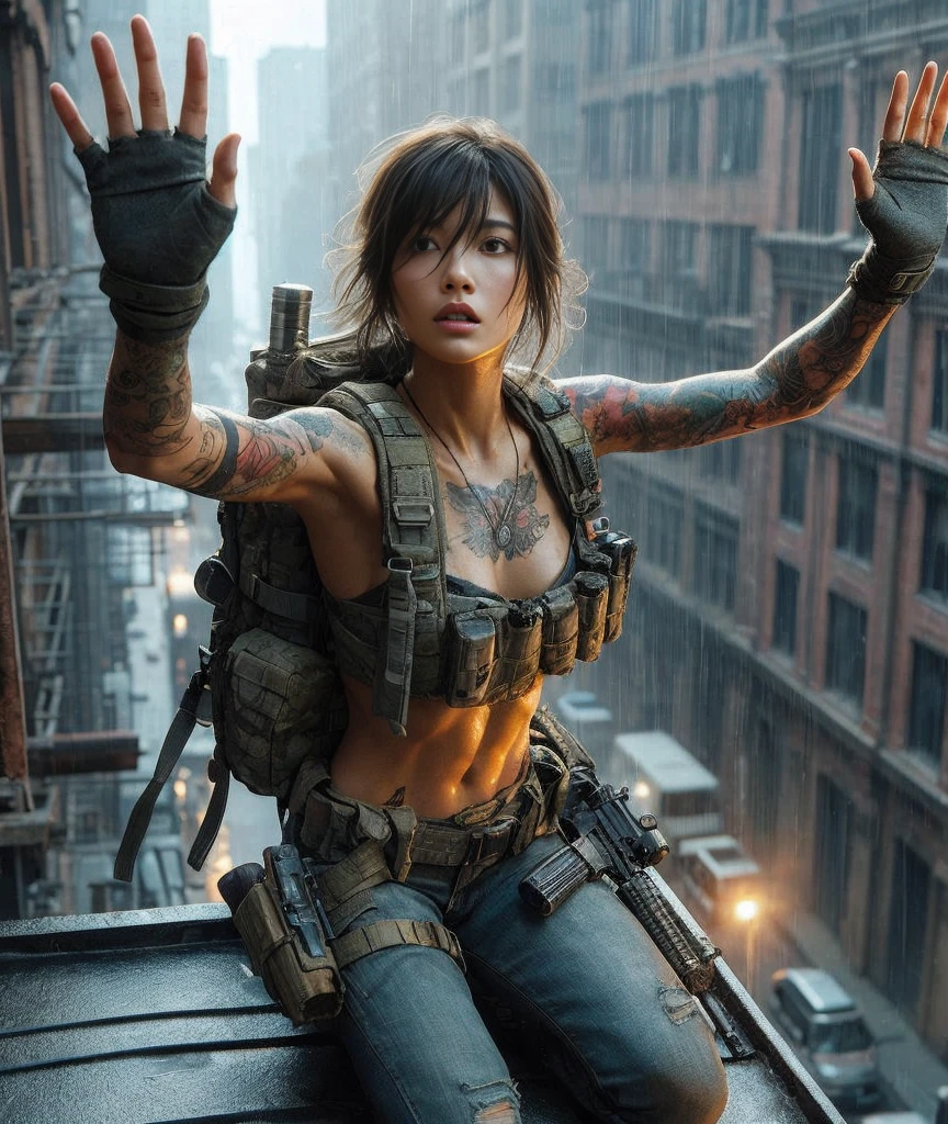 8k,Realistic Photo、Realistic Skin Texture、Superrealism、Japanese women in the U.S. military、Tattoo、Beauty、American cityscape、Jump from the roof of an old building to the roof of the next building、Automatic rifle、Heavy equipment、after the rain、Covered in scars、It is dirty、muscle、The background is out of focus、While avoiding gunfire、Desperate look、Dramatic composition、action、Fierce Battle、Ace