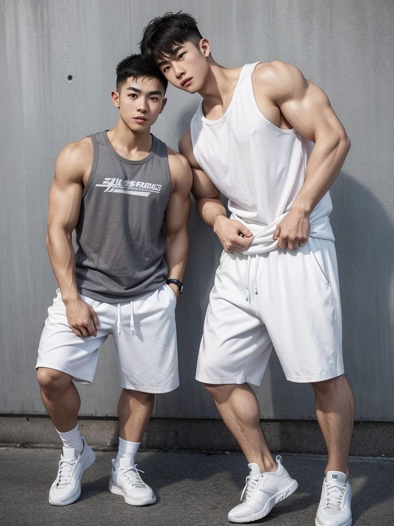 Slim male duo。Bodybuilding Challenge Process。skin color is fair。Japanese。age２０age。The background is gray concrete。No clothing。Wear white sneakers。