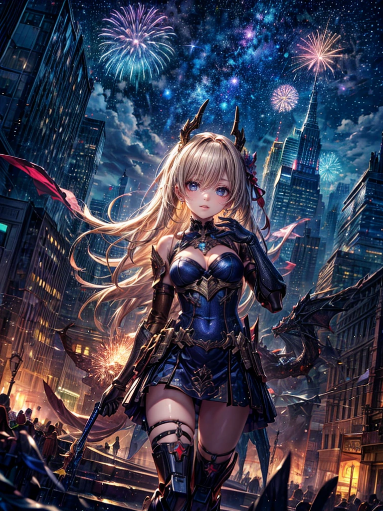 High resolution, Winner of numerous awards, Ultra high definition, Textured skin, Retina,
masterpiece,(bestquality),highlydetailed,ultra-detailed,1girl, (A composition where a girl is 夜空をサーフィン🏄♀️する.:1.4)(Robot flying in the sky)(fantasylandscape:1.2,natural lighting:1.5,confidentexpression),(panorama:1.2),mecha, smile,angle、chrome,raw(Blonde beautiful girl、Dragon Horn, Animal ears,:1.5)Fireworks go off🎇、(Fireworks lighting)(Starry Sky)