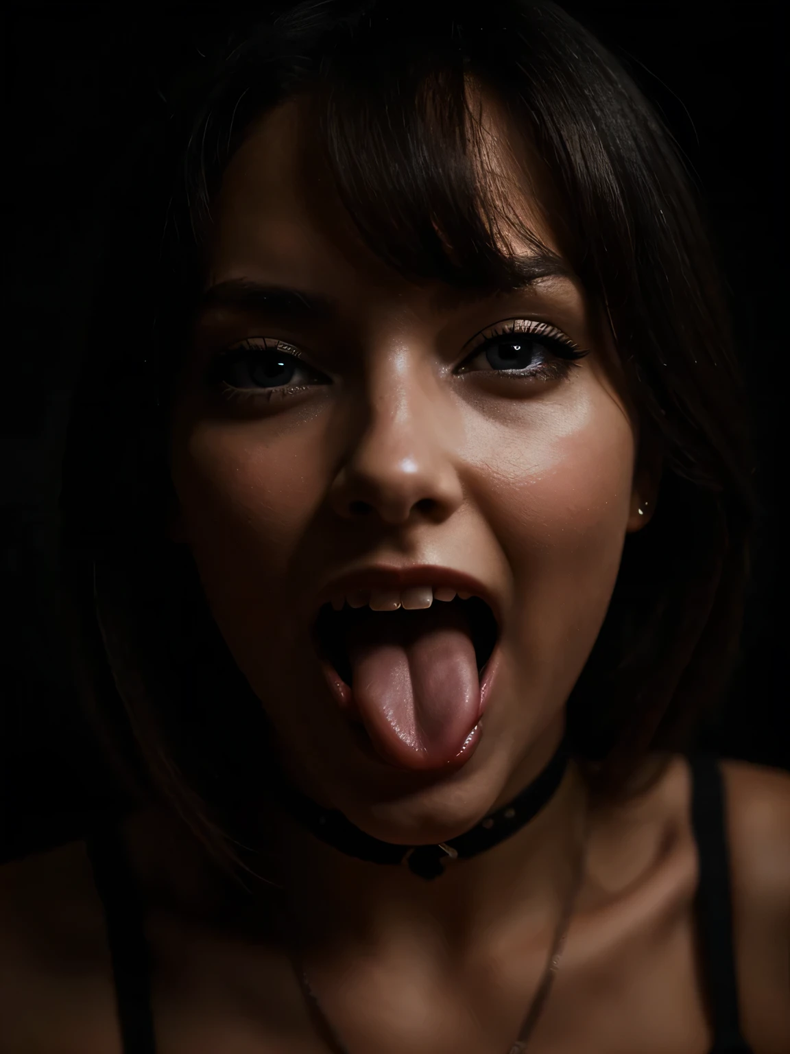 woman with open mouth and tongue out looking at camera from above, dark and sensual image, portrait style