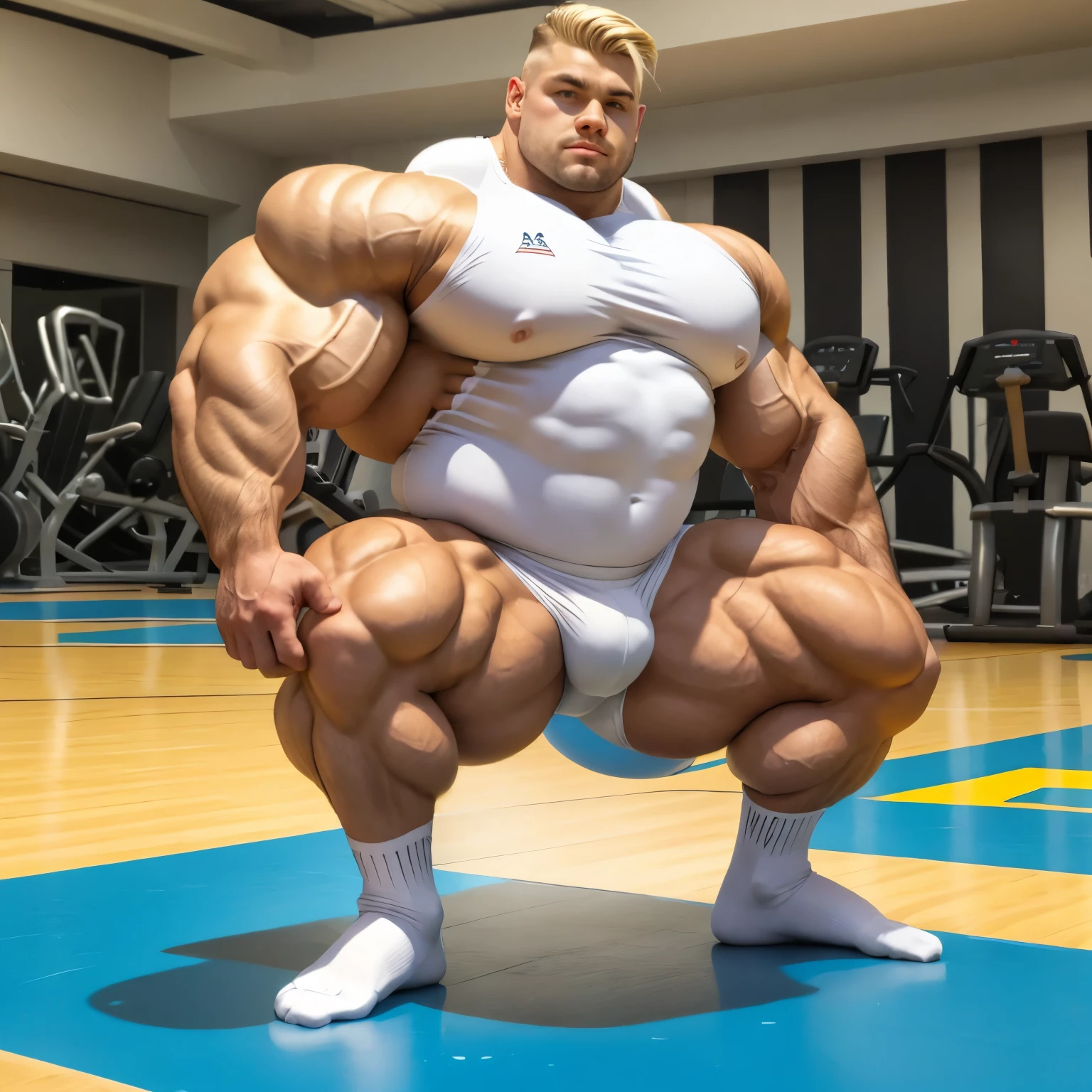 full view full body, Extreme bodybuilder stuffed with steroids Zorian Ruzanov, with platinum-blonde undercut haircut,flaunting hyper-inflated and excessively over-bloated muscles, wering white Lycra tight shorts, white lycra socks, golden rings, no shoes, does push-ups on the gym floor, his white lycra socks must be seen