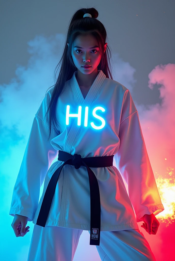 wide angle portrait of a beautiful 20 year old Indonesian girl wearing karate outfit in WARRIOR position, smoke and sparks effect with blue electric light, white and gray background, realistic ultra HD images that are perfect and flawless, rainbow colored smoke, add a spark of fiery red.displays "HIS". on his clothes.blue neon font