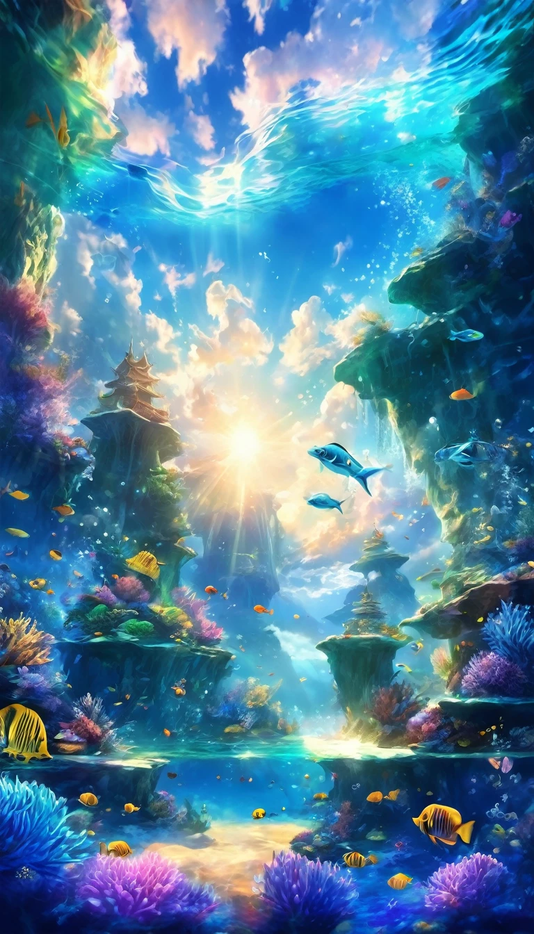魚やサンゴのある色鮮やかなwater sceneryを描いた絵画, fantastic sea scenery, Background Art, Incredible depth, atlantis background, Background Artwork, Amazing depth, water scenery, Awesome Wallpapers, Beautiful Art UHD 4K, Magical Ocean, kingdom of light background, water scenery, Beautifully detailed fantasy, 8K high quality, detailed art, mobile wallpaper