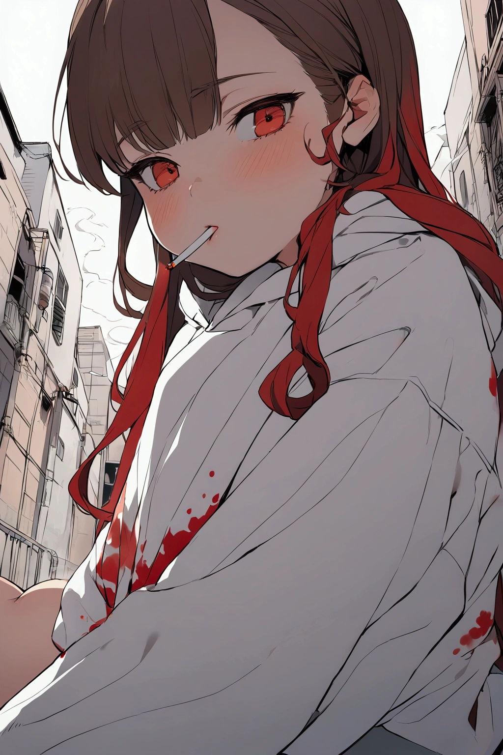 1 Female, Twenty years old, (( face))Glare listlessly、Confused eyes、Round, young cheeks, ((148cm)), , (Thick thighs), Modest chest, (Hairstyle)Dark brown hair、Hairline looks black、Slightly curly straight long hair, (Oversized white hoodie with red paint splatter pattern), (タイトなショートパンツ), ((Smoke a cigarette)), (The background is a back alley), Looking to the side, ((looking at the camera)), The character is located at the bottom right of the screen., Accurate Anatomy, Low angle view, Configuration looking up from below, Sitting