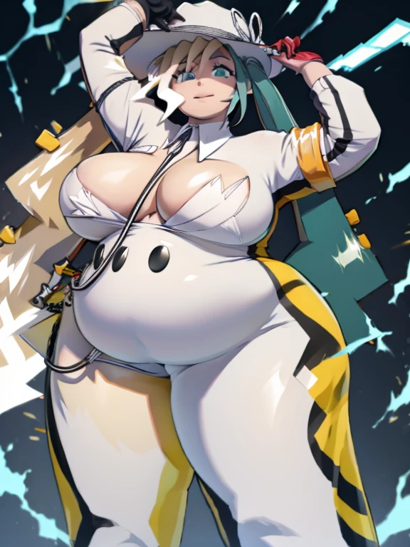 (best quality, anime,), ((ssbbw)), ((bbw)), ((huge breasts)), (hatsune miku), (solo), tight bodysuit, electricity aura, (long twin tale), (fat legs),
