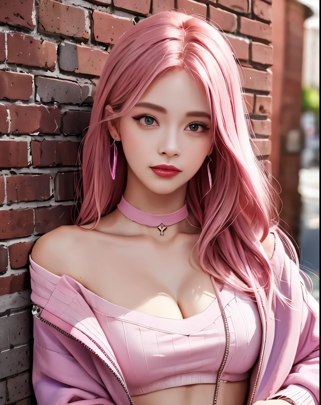 (masterpiece, best quality, 1 woman, alone, intricate details, chromatic aberration), realistic, ((mid-breath)),long hair, pink hair, red headdress, pink highlights, hair above one eye,purple eyes, earring, piercer, choker, neon shirt, open jacket, cropped turtleneck sweater,open waist,(Perfect symmetrical body),on the wall, brick wall, Doodle, dim lighting, alley ,look at the viewer