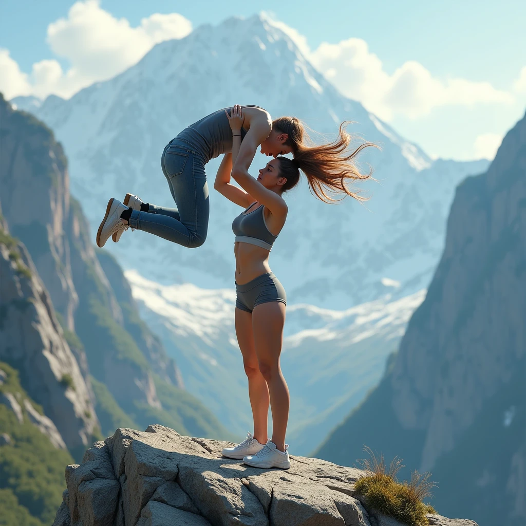 Beautiful, cute, teen Girl lifting a man high over her head with one strong arm. She is standing on a cliff with tall Mountains in the background. 