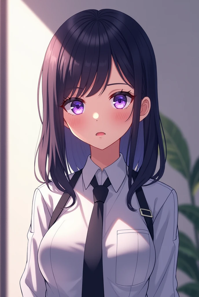 Cool but cute face。She wears a uniform and has a small chest.。Her hair is medium length and she has idol-like bangs.。Light purple eyes。