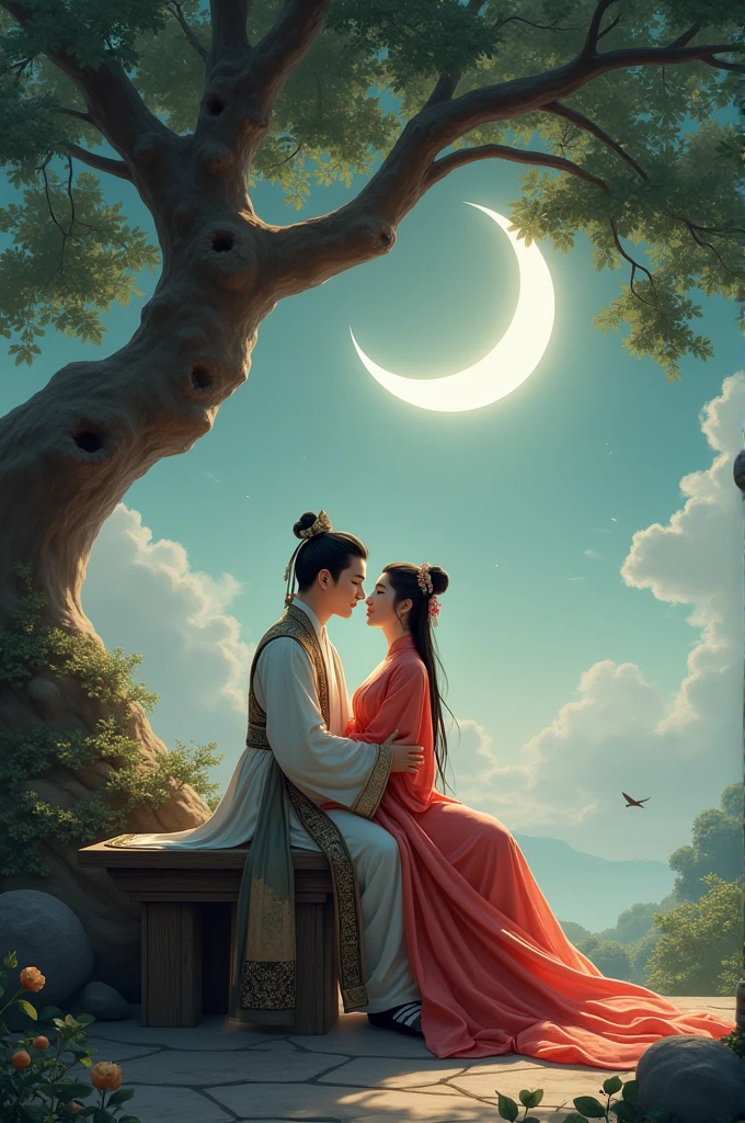 A woman and a man in ancient Chinese costumes are sitting and looking at the moon under a big tree. The man is hugging the woman with love.