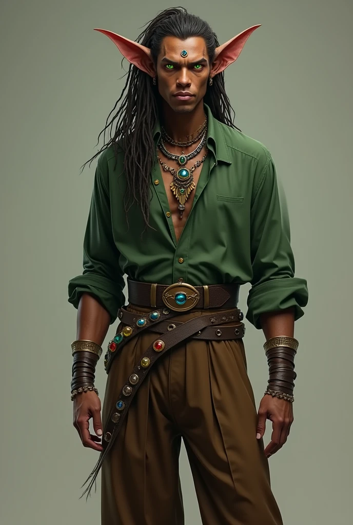 Male alf
brown skin
Glowing green eyes
Dark brown dreadlocks
pointed ears with many jewels
smooth skin
A bit pointed face
Slim and slightly muscular
brown wide pants 
A simple green shirt 
6.9 fut tall
fantasy dnd lord of the rings