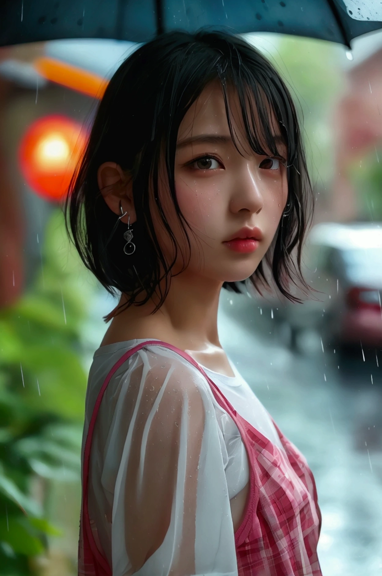 (8k, Photorealistic, Raw photo, Highest quality: 1.4),Japanese idol-style beautiful girl,1 person,,(Short Bob),(Black),She has her hair tucked behind her ears,Clear grey eyes,Eyes moist,Long eyelashes,(piercings(small)),(Lip gloss),lips(Plump,glossy),Skin that is as white and smooth as translucent porcelain,Thin and delicate shoulders,thin abdomen,(braウス(White,Short sleeve)),(bra(Pink)),(Pleated skirt(Plaid)),(socks(Dark blue)),(loafers),summer,On the way home from school,Sudden rain,Soaked from head to toe,My shirt is wet and transparent,On the way home from school,Rain shelter under the eaves,She looks out at the rainy street,(A view from across the street from her front),(Full body snapshot: 1.4))