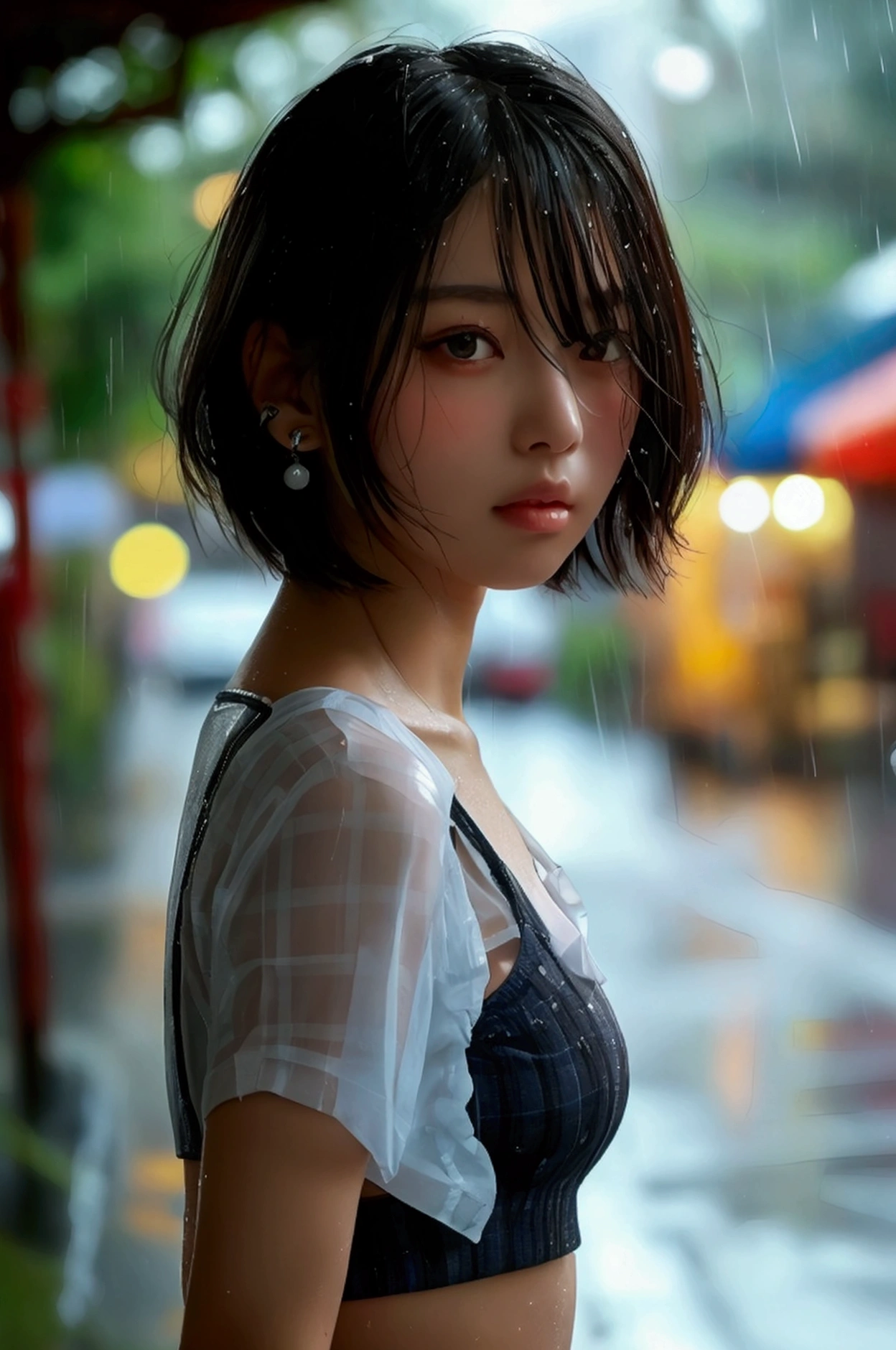 (8k, Photorealistic, Raw photo, Highest quality: 1.4),Japanese idol-style beautiful girl,1 person,,(Short Bob),(Black),She has her hair tucked behind her ears,Clear grey eyes,Eyes moist,Long eyelashes,(piercings(small)),(Lip gloss),lips(Plump,glossy),Skin that is as white and smooth as translucent porcelain,Thin and delicate shoulders,thin abdomen,(braウス(White,Short sleeve)),(bra(Pink)),(Pleated skirt(Plaid)),(socks(Dark blue)),(loafers),summer,On the way home from school,Sudden rain,Soaked from head to toe,My shirt is wet and transparent,On the way home from school,Rain shelter under the eaves,She looks out at the rainy street,(A view from across the street from her front),(Full body snapshot: 1.4))