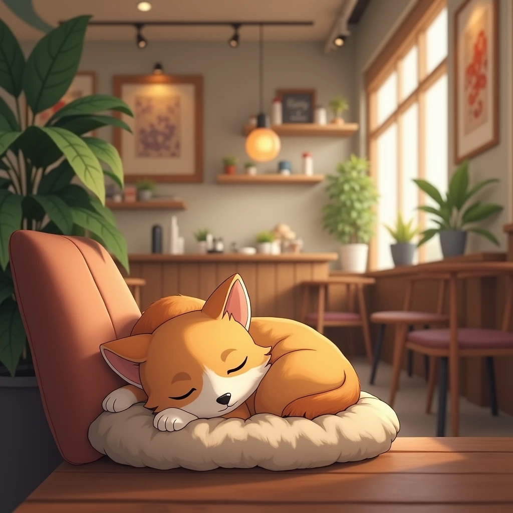 Inside the cafe、sleepy dog、smile