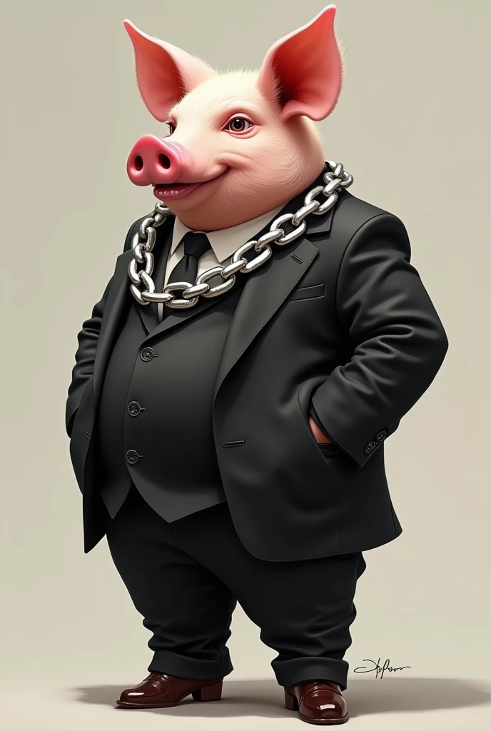 A pig with   silver chain  and wearing black  gangster suit