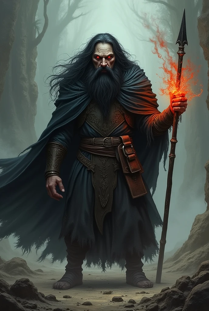 Vlad 3 very thin dwarf, impaler, long black hair, big mustache, menacing face, Eyes red. Appearing the whole body and holding a spear in the right hand, and earth magic in the other