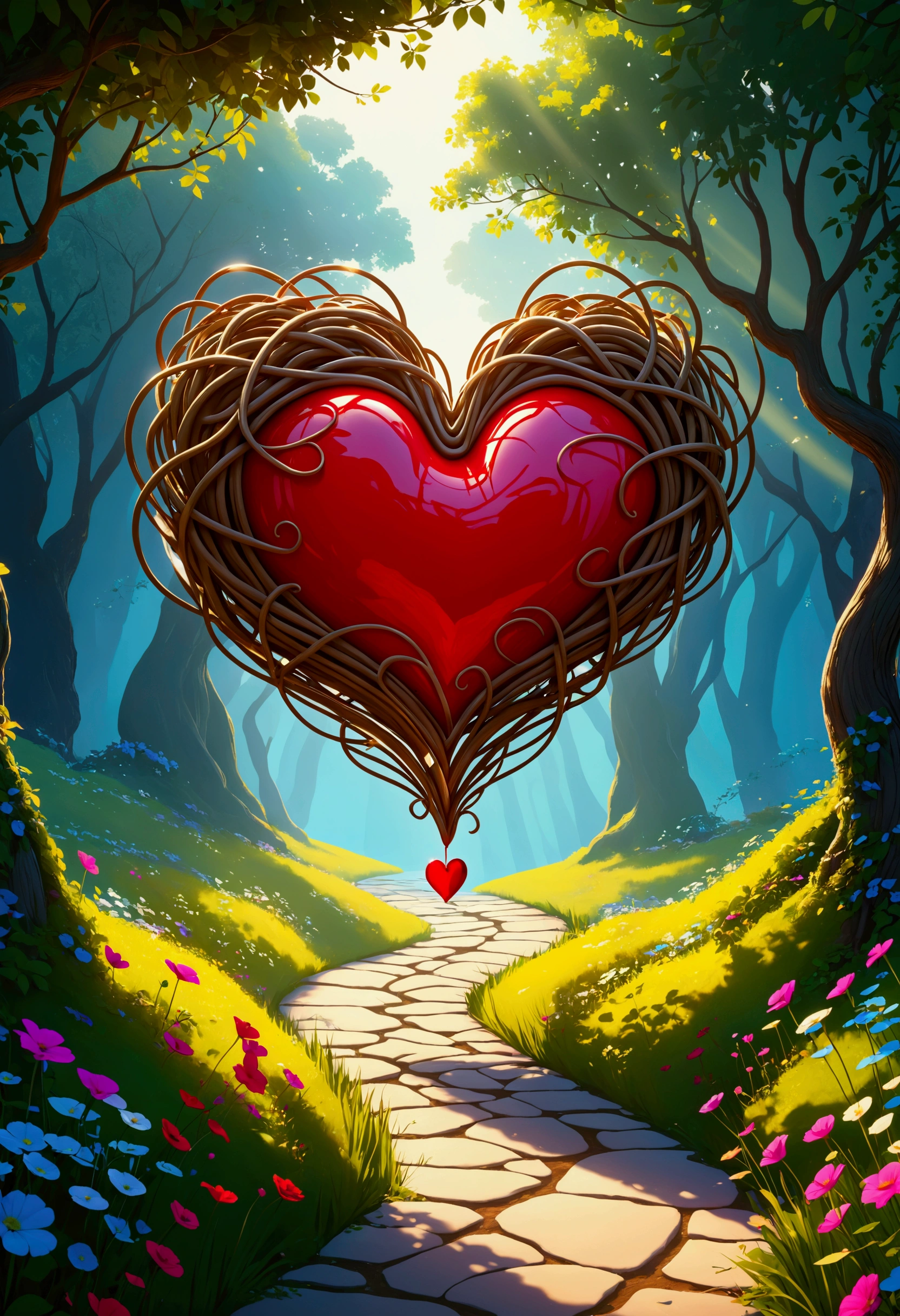 An animated heart thinking, on a tangled path