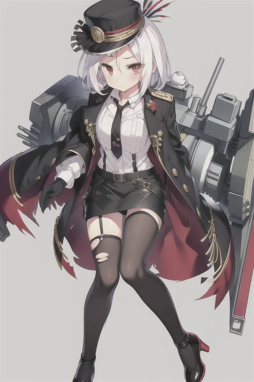 Vittorio_Veneto \(warship girls r\),((masterpiece)),(((best quality))),((ultra-detailed)),((illustration)),((disheveled hair)),((frills)),(1 girl),(solo),1girl, belt, black footwear, black gloves, black legwear, black skirt, blood, blush, breasts, broken, cannon, closed mouth, cup, damaged, fire, gloves, hat, jacket, long hair, long sleeves, looking at viewer, machinery, multicolored clothes, necktie, pantyhose, red eyes, rigging, saucer, shirt, shoes, skirt, smoke, solo, striped necktie, tea, teacup, tears, torn clothes, torn dress, torn gloves, torn jacket, torn legwear, torn pants, torn shirt, torn skirt, uniform, white hair, wine glass, short hair