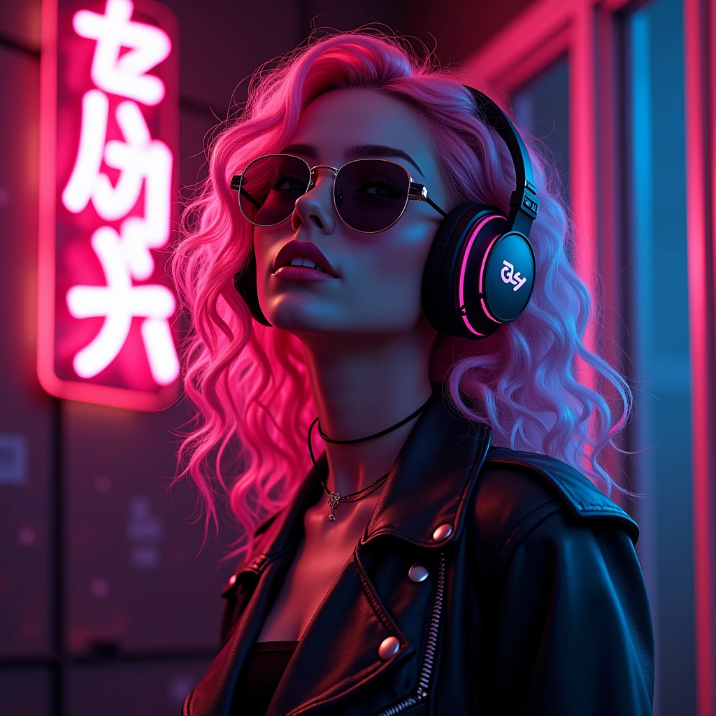 pink hair . beautiful woman with curly hair Volume and sunglasses in headphones - earphone surrounding dark room neon cyberpunk at night coordinator neon glow,In the room the sign glows and shimmers in neon light"bordako.art"Anime style,Beautiful colors,Living picture,masterpiece,detailing