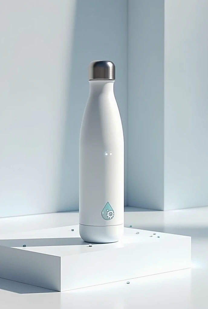 For a creative smart water bottle image, consider the following concept:
**Design:** A sleek, modern bottle with a minimalistic design. The body of the bottle is semi-transparent. The bottle has a small digital display on the side that shows real-time data like hydration goals, water temperature, and a battery indicator. The cap could have a built-in sensor that tracks how much water has been consumed, with a subtle touchscreen interface.
**Background:** Place the bottle on a clean, white surface with soft shadows. The glowing LED ring should cast a gentle reflection on the surface. Add a few water droplets on the bottle to give it a fresh, cool appearance. The background could have a gradient effect, transitioning from light to dark, to make the bottle stand out.
also add a hand reaching out to the bottle, indicating interaction with the smart features, or have the bottle positioned next to workout gear to emphasize its use in an active lifestyle.
with a visible designed logo of water droplet with gear inside it