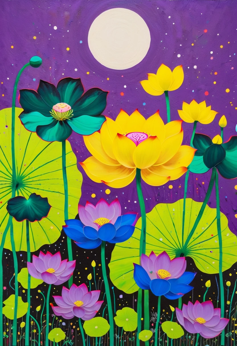 A painting，Inspired by Yayoi Kusama：(((Colorful black，Chalk painting，Oil stick painting，Volume，Thick coating，Uneven texture，Plaster texture，Graffiti)))。Colorful black，(((Lotus pod))), Bright colors, Purple和, cute的, Bright colors，cute, Lavender Color and Color Schemes, 和Purple的配色方案,  Beautiful Art,  Purple, Whimsical Art, 和Purple色调, Lime and Violet, Close together,, spring, Inspired by Tomokazu Matsuyama, Delightful
