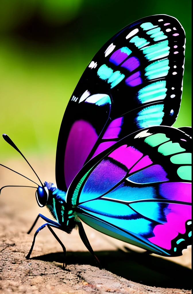 there is a butterfly that is sitting on the ground, a macro photograph by Emanuel Schongut, flickr, hurufiyya, iridescent wings, iridescent moth wings, beautiful iridescent colors, beautiful symmetric, butterfly, translucent wings, ringlet, beautiful opened wings, harmony of butterfly, hairs fluttering on the wing