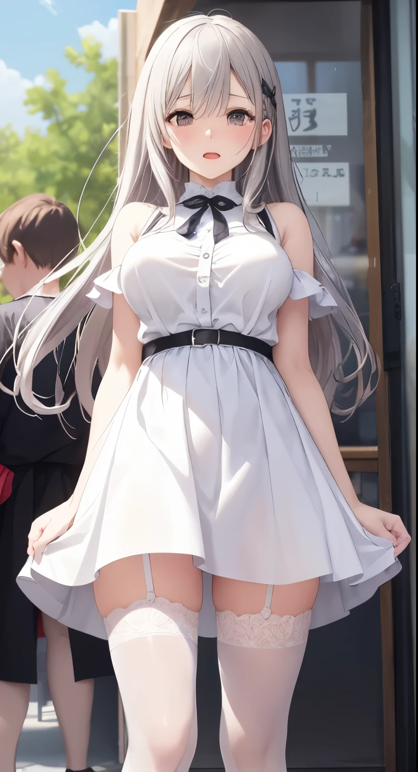 Big Breasts:1.2、、Highest quality、Very detailed、Highly realistic eye masterpiece、Highest quality、Very detailed、Gray Hair、Perfect Face、Long Hair、White Dress、Sundress、anime、countryside、Gutter Belt、White Stockings、{{{{{M-shaped legs}}}}}、nsfw、Slightly transparent、Crotch、I can see it、hide、The wind is blowing、Skirt rolled up、A glimpse、Pussy、Pee、Urinating、Squirting、Love juice、Drooping 、sit、Cafe、Inside the store、In front of people、crowd、Long skirt