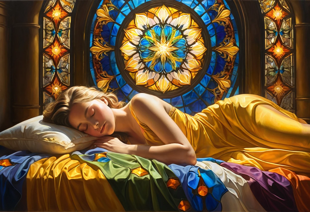 A hard stroke oil painting of a golden light filtering through a stained glass, casting a kaleidoscope of colors upon her sleeping young woman. A veritable feast for the senses