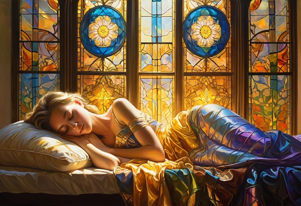 A hard stroke oil painting of a golden light filtering through a stained glass, casting a kaleidoscope of colors upon her sleeping young woman. A veritable feast for the senses