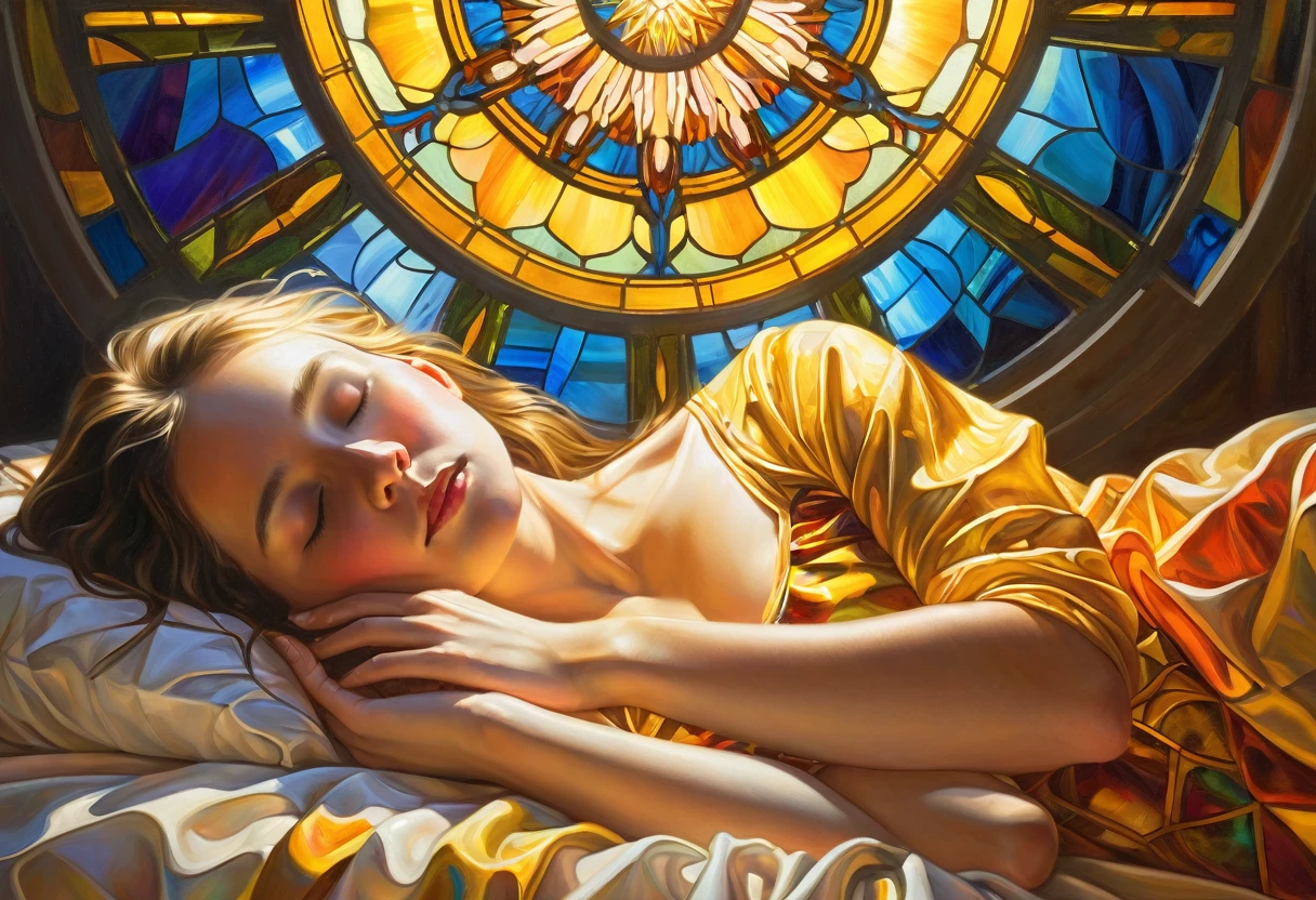 A hard stroke oil painting of a golden light filtering through a stained glass, casting a kaleidoscope of colors upon her sleeping young woman. A veritable feast for the senses