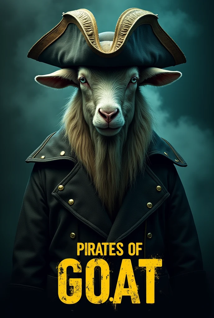 Create a cinematic poster featuring photorealistic portrait of Dressed animals - a ((fat)) goat pirate, , wearing pirate costume and pirate hat , with a serious, intense expression. He should be slightly off-center in the composition. The background should be dark and gritty, with smoky or grunge textures. Use a color scheme of black, deep blues, and dark greens, with subtle yellow or neon accents to capture the show's mood, At the bottom of the poster, place the text "PIRATES OF G.O.A.T " in large, bold, distressed letters, in a sans-serif font. The text should have a cinematic style, with slight shadow or glow effects to make it stand out against the background.