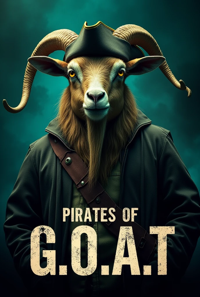 Create a cinematic poster featuring photorealistic portrait of Dressed animals - a ((fat)) goat pirate, , wearing pirate costume and pirate hat , with a serious, intense expression. He should be slightly off-center in the composition. The background should be dark and gritty, with smoky or grunge textures. Use a color scheme of black, deep blues, and dark greens, with subtle yellow or neon accents to capture the show's mood, At the bottom of the poster, place the text "PIRATES OF G.O.A.T " in large, bold, distressed letters, in a sans-serif font. The text should have a cinematic style, with slight shadow or glow effects to make it stand out against the background.