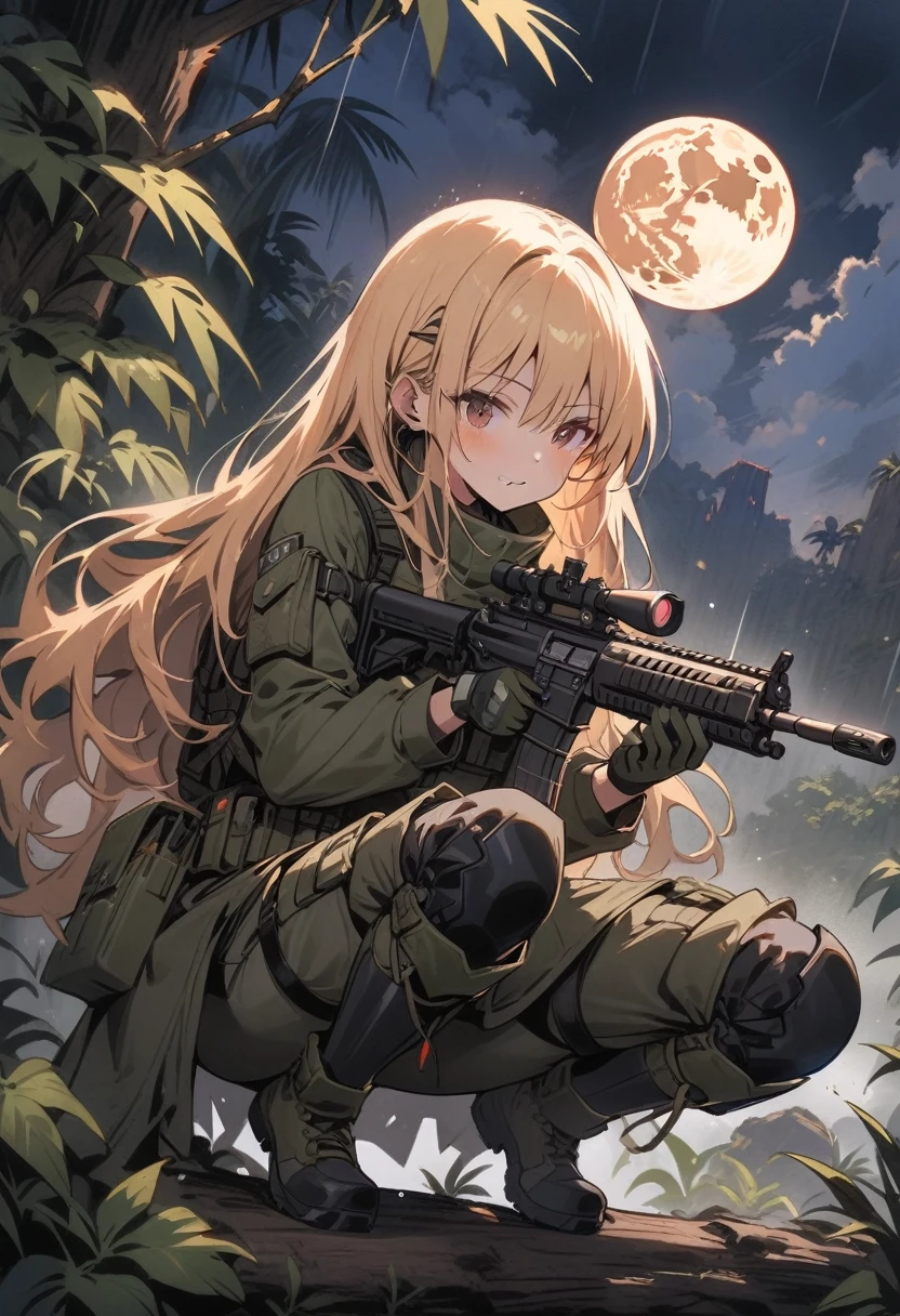 (masterpiece, best quality:1.2), 1 girl, solo, Tactical knight, light armor, tactical equipment, tactical straps, leather equipment, tactical accessories, knight accessories, 1girl, medieval background, tactical armored boots, light equipment, 1girl, tactical explorer equipment, tactical command equipment, tactical combat equipment, tactical straps, mission cover in the jungle during storm, tactical assault, hunting the target, night jungle background, moon in the sky, rain night, dynamic background, aim at the target, assault rifle, ready to shoot pose, on the branch of a tree, attention to detail, masterpiece, dark clothes, full body, darkness night, clothes slightly wet from the rain, dark night, dark jungle, night jungle, rain night, clothes slightly wet, dark background, light equipment, shadow contrast, dim lighting, between the shadows of the night