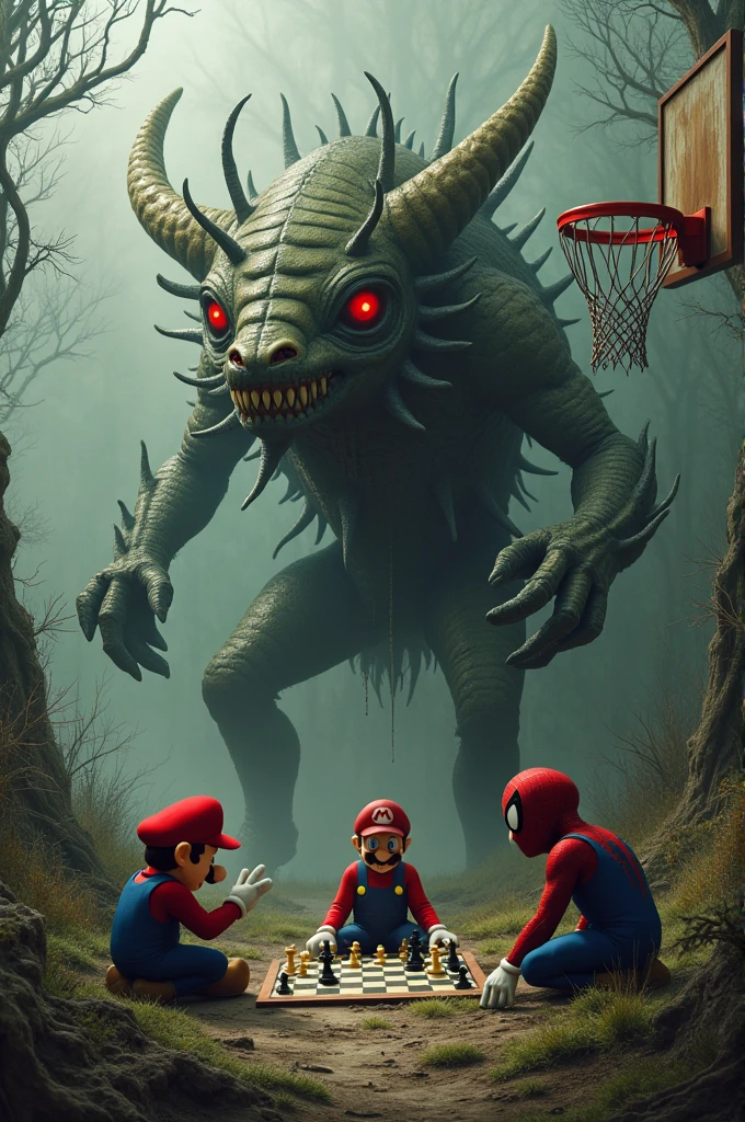 Imagine a super strange animal against sad brush while browser and Mario watch them playing chess and spiderman dunks venom in basketball