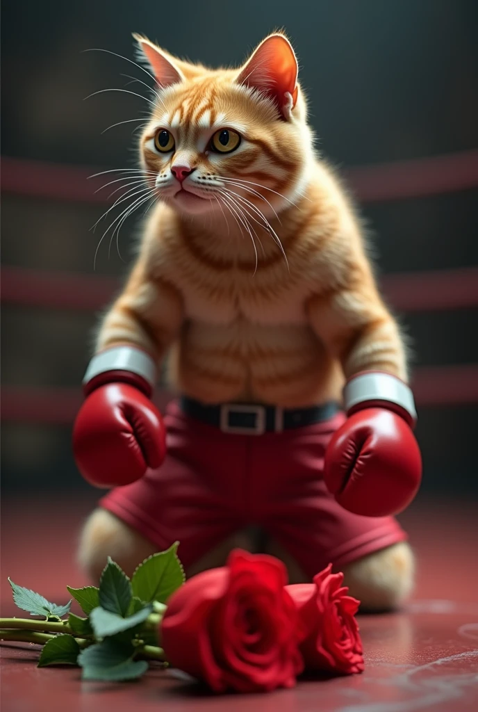 "Epic anthropomorphic boxing match: a muscular cat in medium red pants, on his knees looking at the floor, the bouquet of red flowers on the floor, amazement." 8k, high resolution, well-groomed hair