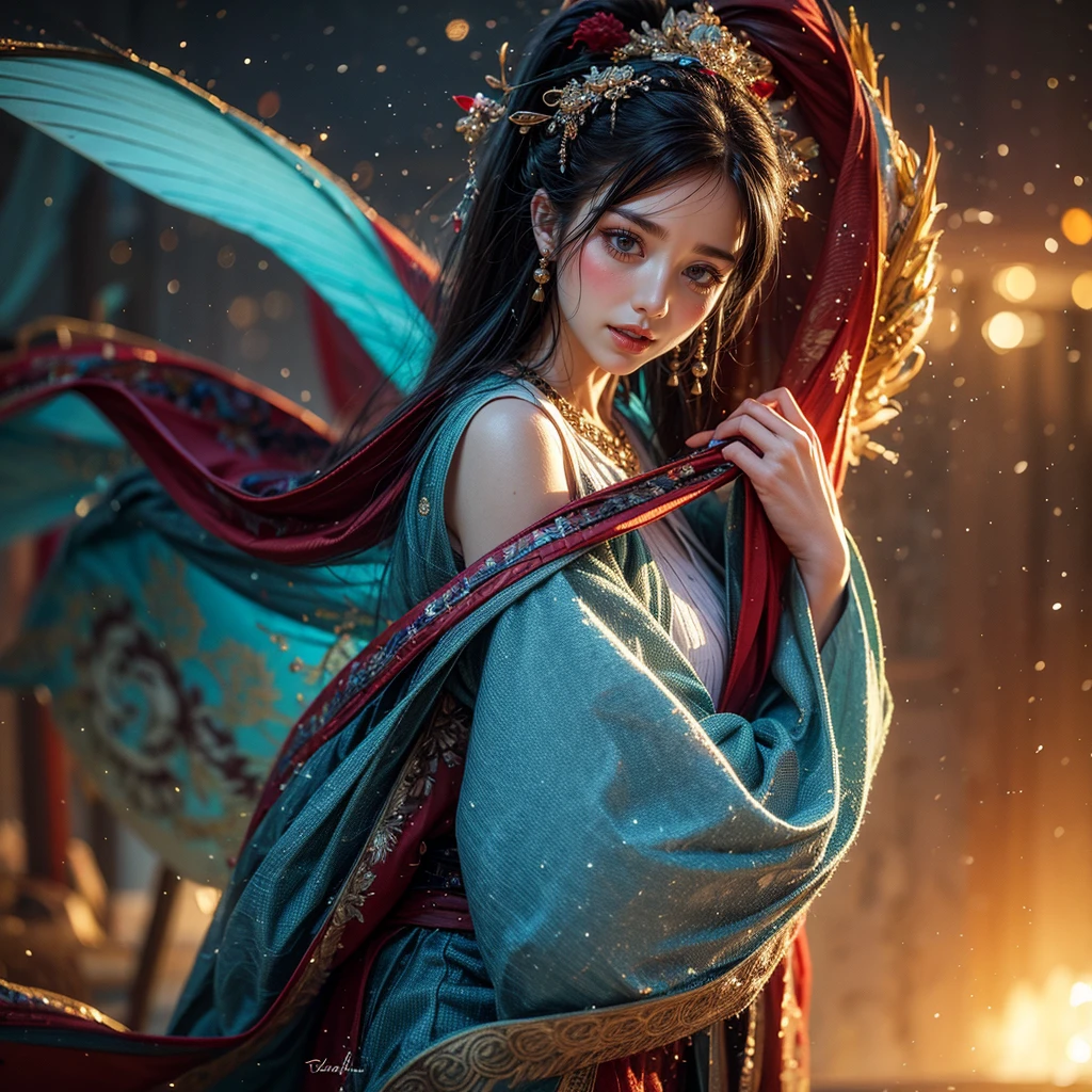 (Full Body of Extremely Detailed Dragon girl) with Sparkling Red eyes Cyan hair in a high ponytail, liquid hair, flowers, (Huge dragon head) in background, 8K TopQuality UltraDetailed Masterpiece of Professional Photo, HDR ultra-fine painting, LifeLike rendering, extreme detail description, professional, Bright colors, bokeh, (Exposed Hourglass Body Shape)