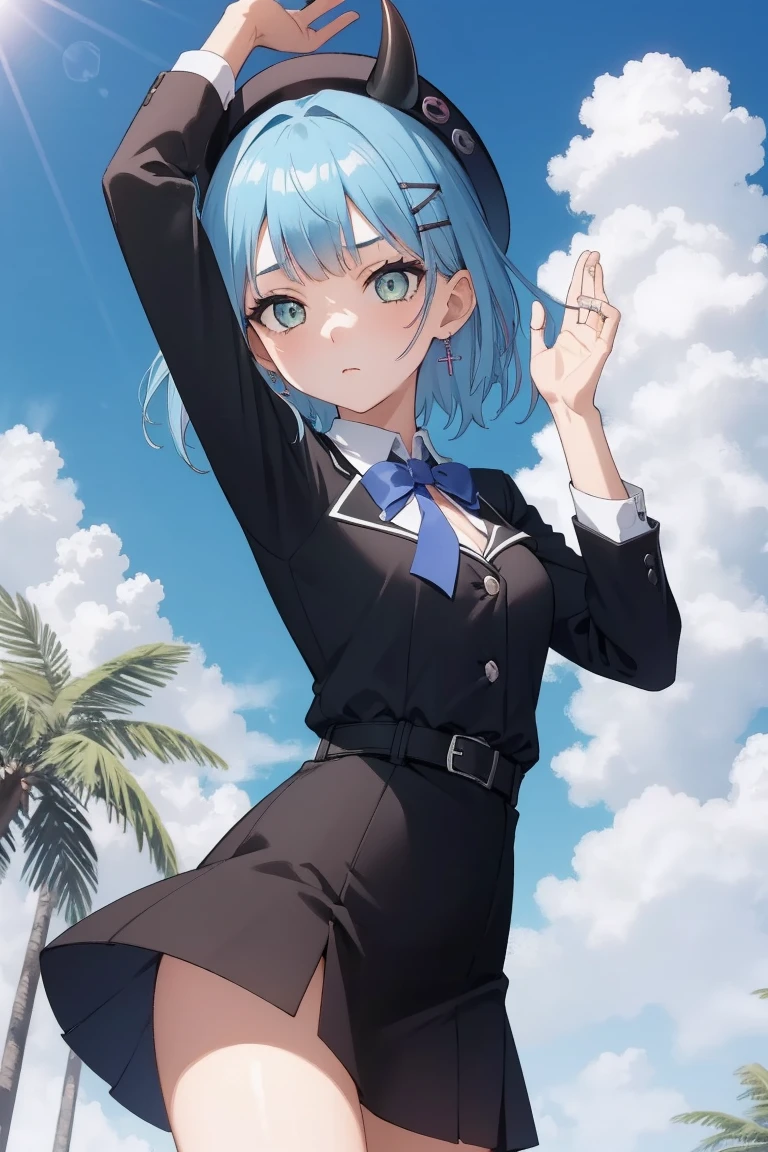 (Towa Tokoyami, Hololive), (Day:1.7), Sky Background,Blue sky and clouds, Upright and immobile posture,Underarm,Raise your arms, ((Completely naked)), (紫colorの髪,short hair, Black Hat, beret, False horns, hair ornaments, Earrings, devil'tail, 1 person, 20-year-old,young woman,beautiful Finger,beautiful long legs,beautiful body,beautiful Nose,beautiful character design, perfect eye, perfect face, View your audience), (Innocent_big_eye:1.0),(Expressionless:1.3), Browsing Caution,Official Art,Very detailed CG ユニティ 8k 壁紙, Perfect lighting,colorful, bright_front_face_Lighting, (masterpiece:1.0),(Highest_quality:1.0), 超High resolution,4K,Very detailed, photograph, 8k, High resolution, High resolution, Absurd:1.2, Kodak Port 400, Film Grain, Blurred Background, Bokeh:1.2, Lens flare, (Vibrant_color:1.2) (beautiful,Moderate_chest:1.4), (beautiful_face:1.5),(narrow_Waist),(Perfect hands, Perfect Anatomy),