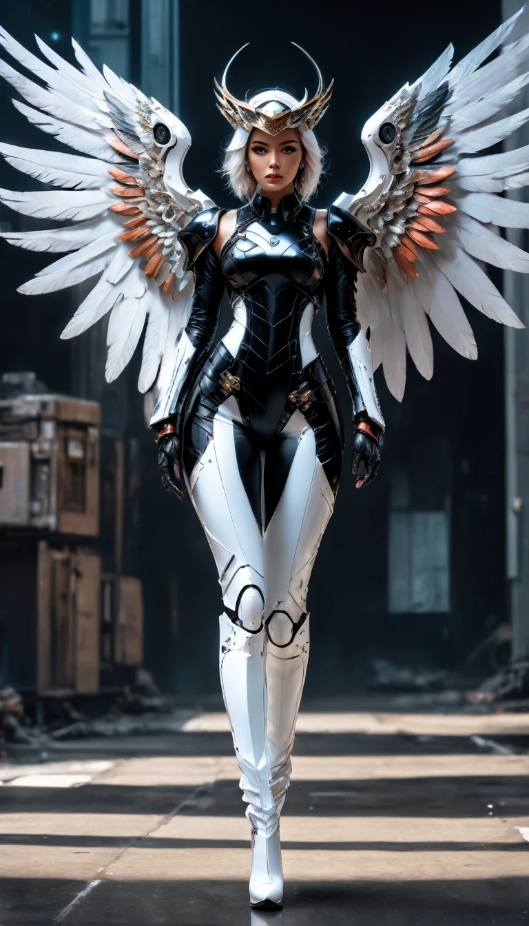 a picture of an mecha angel wearing black leather jacket, ((full body: 1.5)), exotic beautiful angel ((anatomically correct: 1.5), (ultra detailed face: 1.2), best detailed face, busty, folded wings, white angel wings, (white mecha armor: 1.3), she is wearing ((black leather jacket: 1.5)), intricate leather jacket, loose leather jacket, glam leather jacket, jacket has metallic studs, wearing silk dress, (dynamic color dress)), wearing thigh high heeled boots, cyberpunk church background, , vibrant, Hyperrealism style, vibrant, Ultra-high resolution, High Contrast, (masterpiece:1.5), highest quality, Best aesthetics), best details, best quality, highres, ultra wide angle, 16k, [ultra detailed], masterpiece, best quality, (extremely detailed) RAW, feathered wings,